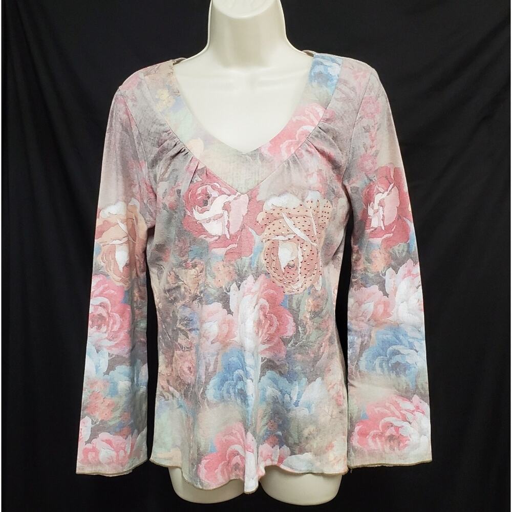 Apt. 9 Floral Top Womens M Pink Blue Pastels LS V-Neck Bell Sleeve Tee T-Shirt